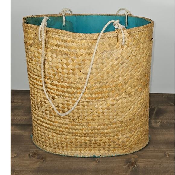 VTG 50s or 60s woven beach bag flat bottom rope handle some frays inside stains - Picture 2 of 11